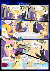 Size: 3259x4607 | Tagged: safe, artist:estories, discord, fluttershy, oc, oc:alice goldenfeather, oc:comet, oc:fable, oc:golden jewel, oc:möbius, draconequus, earth pony, pegasus, phoenix, pony, unicorn, comic:nevermore, g4, angry, book, bookshelf, brother and sister, comic, couch, cross-popping veins, cup, cushion, female, high res, horn, male, mother and child, mother and daughter, mother and son, pegasus oc, plant, siblings, speech bubble, table, tea kettle, teacup, unicorn oc