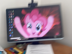 Size: 2048x1523 | Tagged: safe, artist:joshthepinkgump, pinkie pie, earth pony, pony, g4, blurry, breaking the fourth wall, computer, dell, desktop, diapinkes, female, fourth wall, fourth wall destruction, irl, mare, motion blur, photo, picture of a screen, pinkie being pinkie, pinkie physics, ponies in real life, solo, the fourth wall cannot save you, too much pink energy is dangerous, webcam