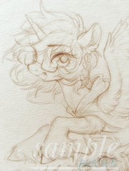 Size: 768x1024 | Tagged: safe, artist:paipaishuaige, oc, oc only, oc:sealvia, alicorn, pony, braid, glasses, looking at you, smiling, spread wings, traditional art, unshorn fetlocks, wings