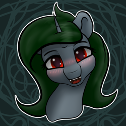 Size: 4096x4096 | Tagged: safe, artist:darbedarmoc, oc, oc only, oc:minerva, pony, unicorn, absurd resolution, blushing, bust, eyebrows, female, green mane, horn, looking at you, open mouth, open smile, outline, portrait, red eyes, smiling, smiling at you, solo, unicorn oc, white outline