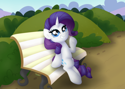 Size: 5376x3838 | Tagged: safe, artist:background basset, rarity, pony, unicorn, g4, bench, cute, female, grin, happy, mare, park, raribetes, sitting, smiling, waving, waving at you