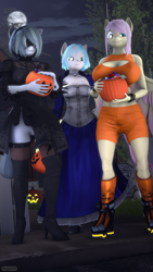 Size: 2160x3840 | Tagged: safe, artist:donglysfm, coco pommel, fluttershy, marble pie, earth pony, pegasus, anthro, plantigrade anthro, art pack:trick or treat 2021, g4, 2b, 3d, alternate hairstyle, big breasts, bioshock, bioshock infinite, boots, breasts, busty fluttershy, busty marble pie, candy, clothes, dress, elizabeth comstock, female, food, halloween, high heel boots, high res, holiday, mask, metroid, moon, nail polish, nier: automata, night, revamped anthros, samus aran, shoes, shorts, source filmmaker, the council of shy ponies, thigh boots, trick or treat, trio, trio female