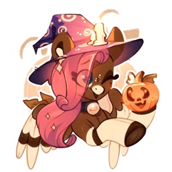 Size: 1500x1500 | Tagged: safe, artist:tsarstvo, oc, oc only, pegasus, pony, bust, candle, eye clipping through hair, female, halloween, hat, holiday, mare, one eye closed, pumpkin, solo, wink, witch hat