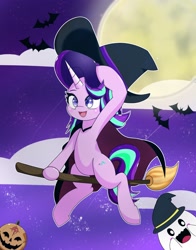 Size: 1609x2048 | Tagged: safe, artist:zeon_starlight, starlight glimmer, bat, ghost, pony, undead, unicorn, g4, broom, cape, clothes, cloud, cute, female, flying, flying broomstick, glimmerbetes, halloween, hat, holiday, jack-o-lantern, mare, moon, night, open mouth, open smile, pumpkin, smiling, solo, stars, witch, witch hat