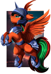 Size: 2850x4109 | Tagged: safe, artist:pridark, oc, oc only, oc:cosmic feather, pegasus, pony, armor, high res, male, partial background, passepartout, pegasus oc, smiling, solo