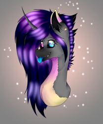 Size: 1437x1716 | Tagged: safe, artist:chazmazda, oc, oc only, pony, unicorn, :p, athletic, big eyes, black sclera, blue, cheek fluff, ear fluff, ear piercing, earring, eye, eyebrows, eyebrows visible through hair, eyelashes, eyes, fangs, gradient, gradient background, gradient markings, heterochromia, horn, jewelry, long hair, looking at you, markings, mlem, nose horn, piercing, pink, purple, purple hair, shade, shading, sharp teeth, shine, shiny, shiny eyes, short hair, silly, smiling, smiling at you, solo, sparkles, starry eyes, stars, teeth, tongue out, wingding eyes, yellow