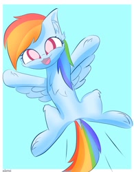 Size: 1250x1600 | Tagged: safe, artist:adamai_0517, rainbow dash, pegasus, pony, g4, :3, chest fluff, cute, dashabetes, ear fluff, female, flying, happy, looking at you, open mouth, open smile, simple background, smiling, solo, spread wings, wings