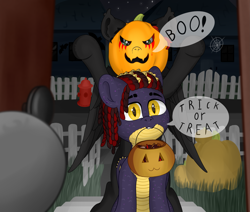 Size: 4093x3473 | Tagged: safe, artist:darky, oc, oc only, oc:dark pony, oc:darky, oc:zap, dracony, dragon, hybrid, pony, candy, duo, food, halloween, holiday, pumpkin, trick or treat