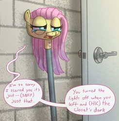 Size: 1148x1170 | Tagged: safe, artist:doodleconner, fluttershy, g4, crying, dialogue, door, female, fluttermop, inanimate tf, living object, meme, mop, not salmon, objectification, open mouth, sad, solo, speech bubble, teary eyes, transformation, wat