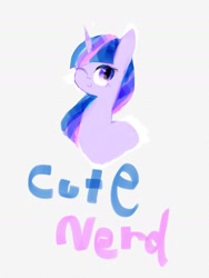 Size: 1179x1572 | Tagged: safe, artist:laurasrxfgcc, twilight sparkle, pony, unicorn, g4, female, looking at you, multicolored hair, one eye closed, simple background, smiling, solo, text, white background
