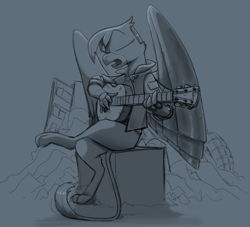 Size: 2162x1960 | Tagged: safe, artist:sinrar, gilda, griffon, amputee, artificial wings, augmented, clothes, crossed legs, cyberpunk, guitar, jacket, monochrome, musical instrument, prosthetic limb, prosthetic wing, prosthetics, wings