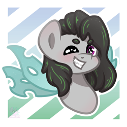 Size: 1280x1280 | Tagged: safe, artist:minty joy, oc, oc only, oc:faulty, changeling, pony, bust, one eye closed, portrait, simple background, smiling, solo, spread wings, wings, wink