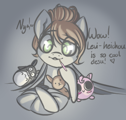 Size: 2000x1900 | Tagged: safe, artist:plaguemare, oc, oc only, earth pony, jigglypuff, pony, anime, blanket, female, food, mare, pillow, plushie, pocky, pokémon, self insert, solo, talking, totoro, watching tv