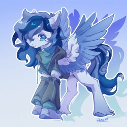 Size: 1500x1500 | Tagged: safe, artist:qamar, oc, oc only, pegasus, pony, clothes, commission, hoodie, smiling, solo, spread wings, unshorn fetlocks, wings