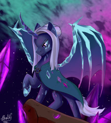 Size: 900x1000 | Tagged: safe, artist:etherfii, oc, oc only, oc:naegissa, alicorn, pony, bat wings, corrupted, female, infinite eclipse, solo, species:crystallized, wings