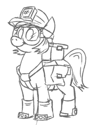Size: 487x639 | Tagged: safe, artist:jargon scott, oc, oc only, earth pony, pony, bag, boots, deep rock galactic, female, goggles, grayscale, helmet, mare, miner, mining helmet, monochrome, saddle bag, shoes, simple background, smiling, solo, white background