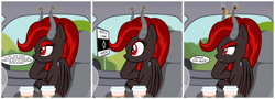 Size: 4280x1534 | Tagged: safe, artist:badumsquish, derpibooru exclusive, oc, oc:kim stone, bat pony, demon, demon pony, monster pony, original species, pony, angry, bored, burning, car, carpooling, coffee, cork, dialogue, eyeshadow, female, fire, folded wings, grumpy, head on hoof, horn, horn guard, hov lane, makeup, mare, offscreen character, pov, red eyes, red eyeshadow, road sign, sharp teeth, show accurate, sign, sitting, starbucks, supporting head, talking to viewer, teeth, unshorn fetlocks, wings