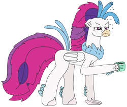 Size: 2824x2391 | Tagged: safe, artist:supahdonarudo, queen novo, classical hippogriff, hippogriff, series:novoember, g4, my little pony: the movie, bed mane, coffee, coffee mug, grumpy, high res, holding, messy mane, messy tail, morning ponies, mug, queen novo is not amused, simple background, tail, transparent background, woken up at a bad time
