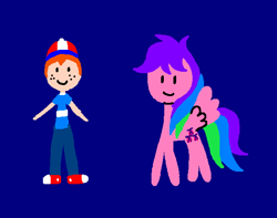 Size: 580x456 | Tagged: safe, artist:tommothetankengine57, danny williams, whizzer, human, pegasus, pony, twinkle eyed pony, g1, blue background, cap, clothes, cute, dannybetes, duo, female, hat, male, mare, pants, shirt, shoes, simple background, smiley face, smiley face ponies, smiling, teenager, whizzabetes