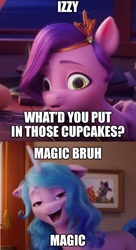 Size: 500x916 | Tagged: safe, edit, edited screencap, screencap, izzy moonbow, pipp petals, pegasus, pony, unicorn, g5, my little pony: a new generation, bruh, comic, cupcake, faic, female, food, great moments in animation, high as fuck, implied drug use, majestic as fuck, open mouth, screencap comic