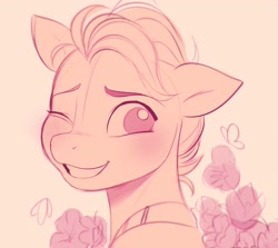 Size: 2572x2293 | Tagged: safe, artist:imalou, hitch trailblazer, butterfly, earth pony, pony, g5, my little pony: a new generation, blushing, cute, flower, grin, high res, hitchbetes, looking at you, male, one eye closed, simple background, sketch, smiling, solo, stallion, wink