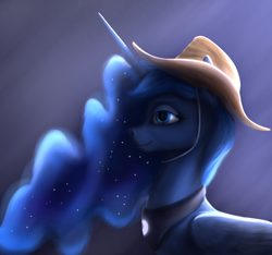 Size: 2524x2360 | Tagged: safe, artist:rnghat, princess luna, alicorn, pony, g4, bust, cowboy hat, female, folded wings, hat, high res, mare, peytral, profile, solo, wings