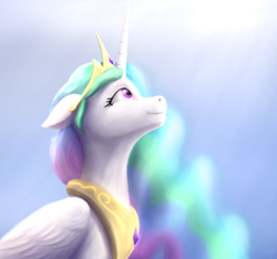 Size: 2524x2360 | Tagged: safe, artist:rnghat, princess celestia, alicorn, pony, g4, bust, female, floppy ears, folded wings, high res, jewelry, looking away, looking up, mare, peytral, regalia, solo, wings