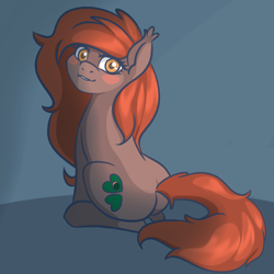 Size: 2000x2000 | Tagged: safe, artist:plaguemare, oc, oc only, oc:felicia zante vandelia, earth pony, pony, blushing, female, fluffy mane, happy, high res, looking at you, looking over shoulder, mare, sitting, solo