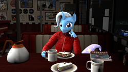 Size: 3840x2160 | Tagged: safe, artist:coolc, trixie, anthro, g4, 3d, car, clothes, date, diner, female, food, high res, magazine, sandwich, source filmmaker