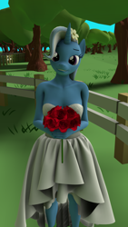 Size: 2160x3840 | Tagged: safe, artist:coolc, trixie, anthro, g4, 3d, clothes, cute, diatrixes, dress, female, fence, high res, source filmmaker, tree, wedding dress