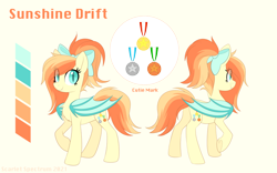 Size: 1766x1104 | Tagged: safe, artist:scarlet-spectrum, artist:scarlett-sketches, oc, oc only, oc:sunshine drift, bat pony, pony, bat pony oc, bat wings, bow, bronze medal, chest fluff, color palette, cute, cute little fangs, cutie mark, dated, eye clipping through hair, eyelashes, fangs, gold medal, hair bow, looking at you, medal, raised hoof, reference sheet, side view, silver medal, simple background, slit pupils, smiling, smiling at you, solo, standing, underhoof, wings