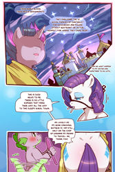 Size: 960x1440 | Tagged: safe, artist:cold-blooded-twilight, rarity, spike, twilight sparkle, dragon, pony, unicorn, cold blooded twilight, comic:cold storm, g4, blushing, bobby pin, both cutie marks, canterlot, cloud, cloudy, comic, dialogue, eyepatch, eyeshadow, horn, implied shipping, implied sparity, implied straight, makeup, mirror, open mouth, speech bubble, stars, tail, tail wag, unicorn twilight