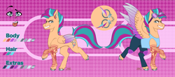 Size: 10000x4400 | Tagged: safe, artist:missroxielove, oc, oc only, oc:cuff catcher, pegasus, pony, g5, clothes, ear piercing, earring, eyebrow piercing, genderfluid, goggles, grin, jewelry, knee pads, multicolored hair, offspring, open mouth, pants, parent:hitch trailblazer, parent:zipp storm, parents:stormblazer, piercing, raised hoof, raised leg, reference sheet, smiling, solo, tank top, tattoo, tongue out, unshorn fetlocks