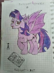 Size: 1532x2048 | Tagged: safe, artist:bencs, twilight sparkle, alicorn, bat pony, bat pony alicorn, pony, g4, bat ponified, bat wings, book, female, graph paper, horn, lidded eyes, looking at you, mare, open mouth, open smile, race swap, smiling, solo, spread wings, test tube, traditional art, twibat, twilight sparkle (alicorn), wings