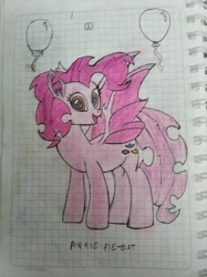 Size: 1532x2048 | Tagged: safe, artist:bencs, pinkie pie, bat pony, pony, g4, balloon, bat ponified, female, graph paper, lidded eyes, looking at you, mare, open mouth, open smile, pinkiebat, race swap, smiling, solo, spread wings, traditional art, wings