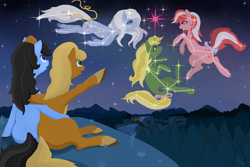 Size: 2998x2000 | Tagged: safe, artist:glefan, galaxy (g1), night glider (g1), star hopper, twilight sparkle, g4, constellation, high res, ico, ico the brave little horse, ico's mother, preciosa, sky, space pony, stars