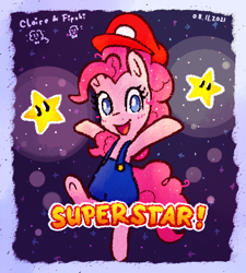 Size: 395x439 | Tagged: safe, artist:fipoki, pinkie pie, earth pony, pony, g4, bipedal, cap, clothes, cosplay, costume, crossover, cute, diapinkes, female, hat, male, mare, mario, mario hat, mario party, mario party superstars, mario's hat, open mouth, overalls, solo, stars, super mario bros., super star, superstar