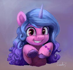 Size: 2588x2470 | Tagged: safe, artist:aemuhn, izzy moonbow, pony, unicorn, g5, my little pony: a new generation, bracelet, bust, colored eyebrows, cute, eyebrows, female, gradient background, grin, heart, high res, hoof heart, horn, izzybetes, jewelry, looking at you, mare, signature, smiling, smiling at you, solo, underhoof, unshorn fetlocks, upside-down hoof heart