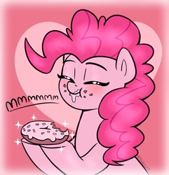 Size: 1490x1548 | Tagged: safe, artist:heretichesh, pinkie pie, earth pony, pony, g4, blushing, cute, diapinkes, donut, eating, eyes closed, female, food, heart, heart background, mare, smiling, solo