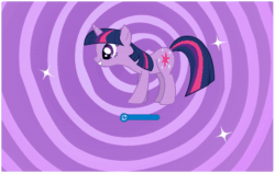 Size: 600x379 | Tagged: safe, twilight sparkle, pony, unicorn, g4, animated, april fools, club penguin, female, gif, grin, hopping, loading screen, mare, open mouth, open smile, pony cameo, purple background, simple background, smiling, solo, sparkles, spiral, stars, talking, unicorn twilight