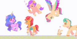 Size: 1146x586 | Tagged: safe, artist:danipenki, hitch trailblazer, izzy moonbow, pipp petals, sunny starscout, zipp storm, earth pony, pegasus, pony, rabbit, unicorn, g5, my little pony: a new generation, adorapipp, adorazipp, animal, animated, bag, bracelet, colored wings, cute, daaaaaaaaaaaw, eye clipping through hair, eye contact, eyebrows, eyebrows visible through hair, eyes closed, featured image, female, floating heart, flying, frown, gif, glare, heart, hitch trailblazer is not amused, hitchbetes, hoof hold, horn, izzybetes, jewelry, lidded eyes, looking at each other, looking at someone, looking back, looking down, loop, male, mane five (g5), mare, music notes, open mouth, open smile, phone, pronking, purple mane, purple tail, satchel, simple background, smiling, spread wings, stallion, sunnybetes, tail, two toned mane, two toned tail, unamused, unshorn fetlocks, walk cycle, walking, wall of tags, weapons-grade cute, white background, wings