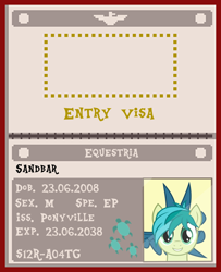 Size: 730x900 | Tagged: safe, artist:php170, artist:phucknuckl, gallus, sandbar, earth pony, griffon, pony, g4, the point of no return, arstotzka, bunny ears, bunny ears (gesture), bust, cute, cutie mark, glory to arstotzka, male, papers please, passport, photo, photobomb, sandabetes, smiling, solo focus, stallion, vector, wing hands, wings