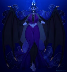 Size: 2100x2250 | Tagged: safe, artist:damon_ekel, nightmare moon, alicorn, anthro, unguligrade anthro, g4, absolute cleavage, bat wings, bracer, breasts, busty nightmare moon, cleavage, clothes, dress, eyeshadow, female, grin, helmet, high res, hoof shoes, jewelry, lidded eyes, lipstick, looking at you, makeup, necklace, sharp teeth, smiling, solo, spread wings, teeth, wings
