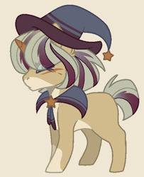 Size: 512x632 | Tagged: safe, artist:x-xponyworldx-x, oc, oc only, oc:stella, pony, unicorn, base used, cape, clothes, coat markings, eye clipping through hair, hat, magical lesbian spawn, offspring, parent:sunset shimmer, parent:trixie, parents:suntrix, simple background, socks (coat markings), solo, wizard hat, yellow background