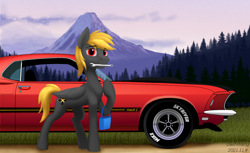 Size: 2224x1360 | Tagged: safe, artist:dash wang, oc, oc only, pegasus, pony, car, eyebrows, eyebrows visible through hair, ford, ford mustang, ford mustang mach 1, forest, looking at you, male, mechanic, mountain, mouth hold, pegasus oc, raised hoof, smiling, smiling at you, solo, stallion, wrench
