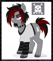 Size: 1755x2048 | Tagged: safe, artist:damon_ekel, oc, oc only, earth pony, pony, beauty mark, bottomless, choker, clothes, ear piercing, earring, female, jewelry, lidded eyes, mare, partial nudity, piercing, shirt, solo, spiked choker, unamused