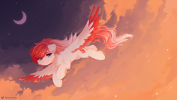 Size: 2809x1580 | Tagged: safe, artist:floweryoutoday, oc, oc only, oc:making amends, pegasus, pony, cheek fluff, chest fluff, cloud, colored wings, commission, crescent moon, flying, moon, pegasus oc, sky, solo, stars, two toned wings, wings, ych result