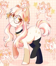 Size: 1755x2048 | Tagged: safe, artist:damon_ekel, oc, oc only, earth pony, pony, clothes, female, glasses, looking back, mare, smiling, socks, solo, thigh highs