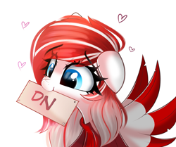 Size: 2087x1748 | Tagged: safe, artist:janelearts, oc, oc only, oc:making amends, pegasus, pony, clothes, colored wings, commission, female, floppy ears, heart, hoodie, mouth hold, simple background, smiling, solo, spread wings, two toned wings, white background, wings, ych result