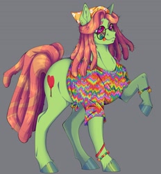 Size: 2600x2800 | Tagged: safe, artist:damon_ekel, tree hugger, earth pony, pony, g4, bandana, bracelet, clothes, female, gray background, high res, hoers, jewelry, lidded eyes, mare, raised hoof, shirt, simple background, solo, sunglasses, tie dye, tongue out